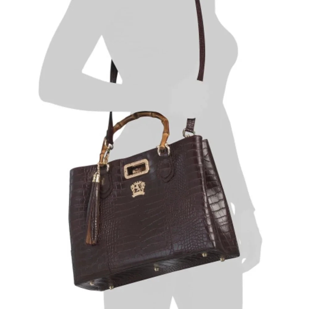 NWT ✅ Pratesi Firenze Italian K291 Triple Compartment Croc Leather Bag BROWN